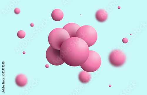 Pink balls of regular round shape resembling molecules lit with light levitate in space. In the light blue background blurry balls soar randomly in the air. Close up abstract vector illustration.