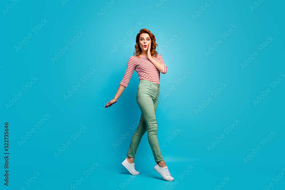 Full length profile photo of pretty lady enjoy warm spring day walk street see sale advert banner wear casual red white shirt green pants footwear isolated blue color background