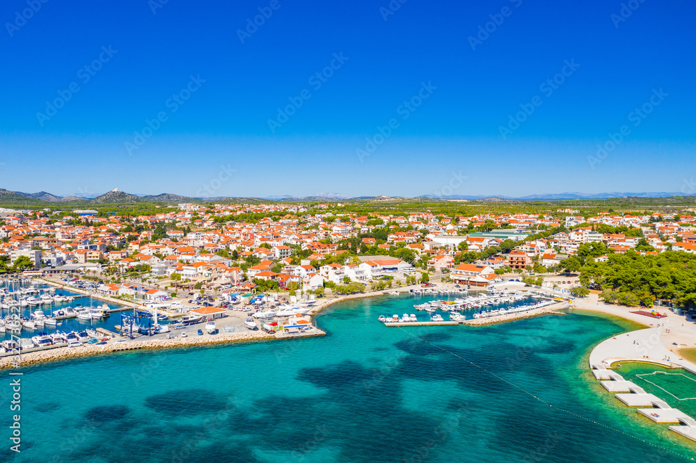 Croatia, town of Vodice on  Adriatic sea, marina and turquoise coastline, drone aerial view, beautiful seascape