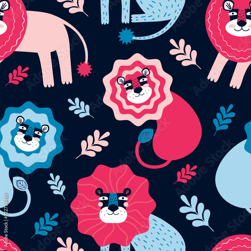 Wallpaper Mural Seamless pattern lion and tropic plants and leaves. Funny cartoon animal in the jungle. Cute wild cats background. Africa, safari. Scandinavian style flat design. Concept children print. Hand drawn. Torontodigital.ca