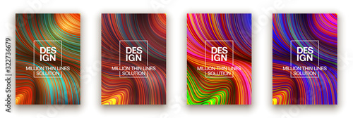 Fashion poster million thin lines luxury design. Liquid wave lines fashion background. Beautiful flowing drape textiles from many thin fibers yarn. Vector illustration vogue drape banner EPS10 set