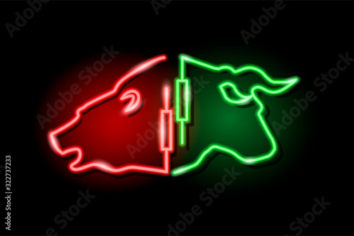 Neon silhouette of bull and bear heads with japanese candlestick symbol isolated on black background. Stock market concept. Vector 10 eps illustration.
