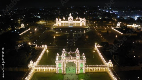 Aerial footage of Mysore Palace at night, Karnataka state, India photo