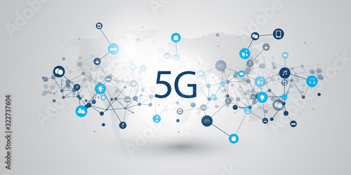 5G Network Label with Icons Representing Various Kinds of Devices and Services - High Speed, Broadband Mobile Telecommunication and Wireless IoT Systems Design Concept