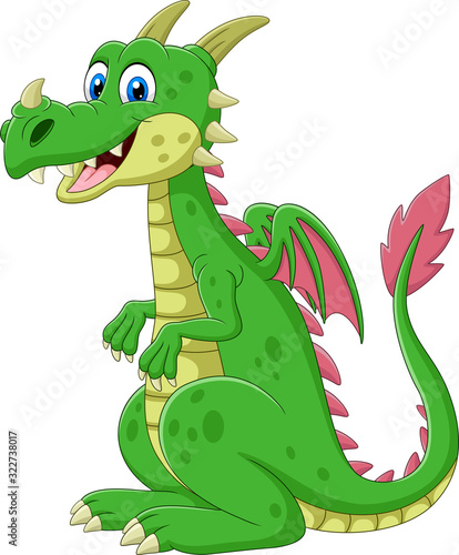 Cartoon happy green dragon sitting
