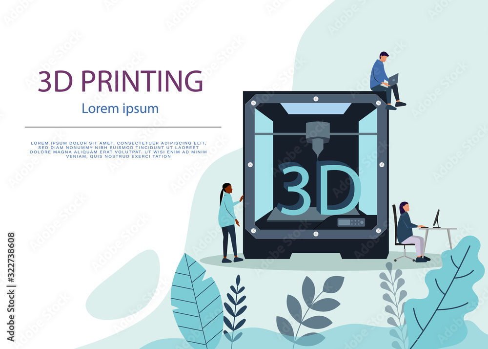 Industrial 3D printer prints a house concept. File contains transparent objects. 3d Printing or Additive Manufacturing Technology Website Landing Page. Developer Engineer Stand at 3d Printer. Vector Industrial 3D printer prints a house concept. File contains transparent objects. 3d Printing or Additive Manufacturing Technology Website Landing Page. Developer Engineer Stand at 3d Printer. Vector