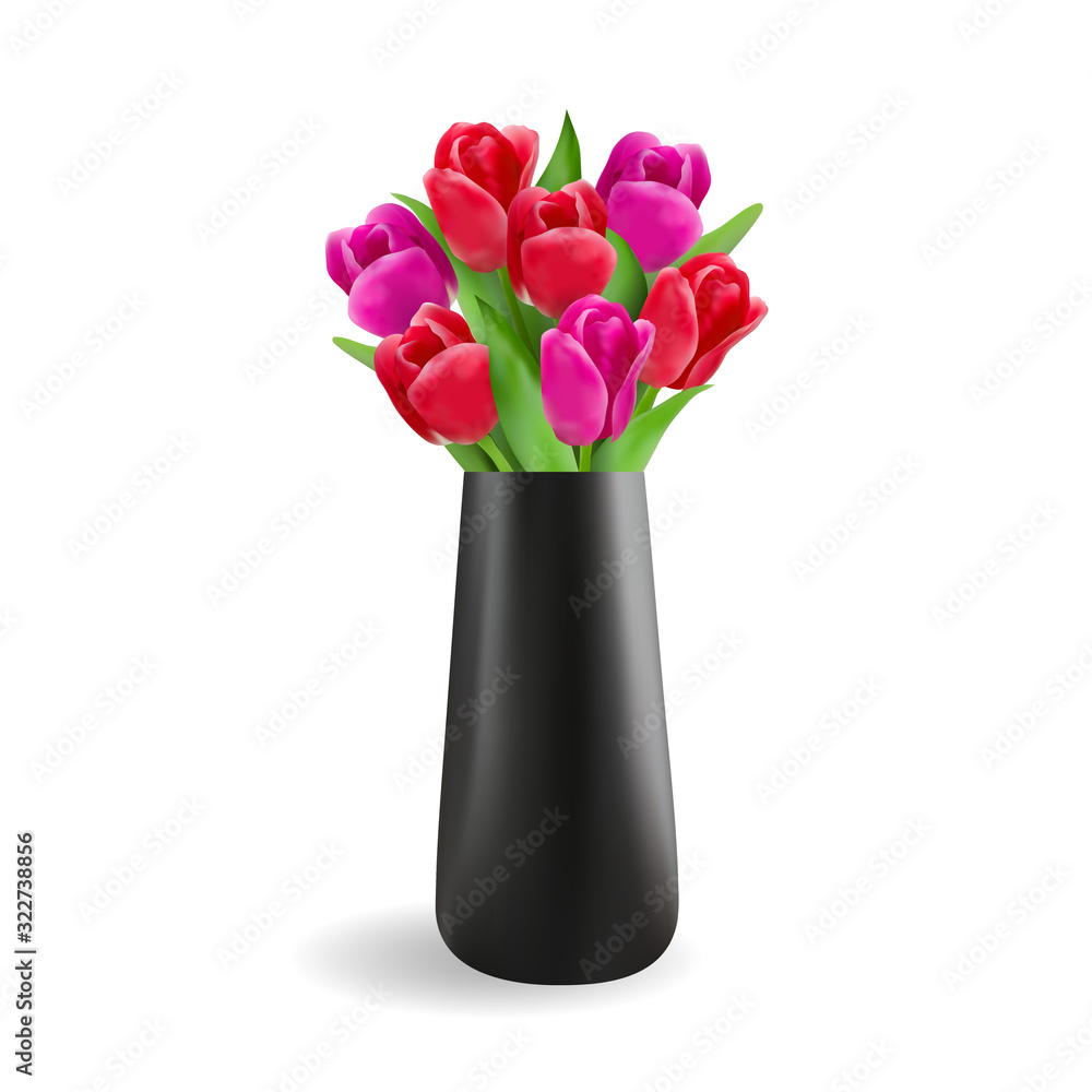 Realistic tulips in a black vase isolated on white background. Beautiful vector illustration 3D. Can be used for birthday cards, women's day, mother's day, etc. Stock. Realistic tulips in a black vase isolated on white background. Beautiful vector illustration 3D. Can be used for birthday cards, women's day, mother's day, etc. Stock.