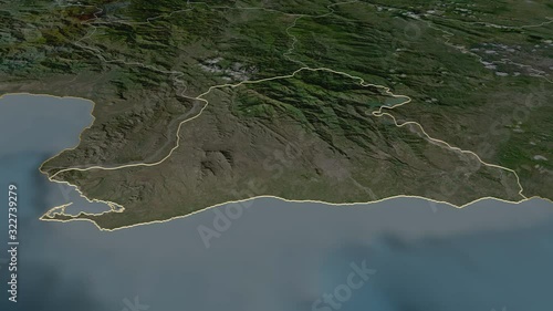 Peravia, province with its capital, zoomed and extruded on the satellite map of Dominican Republic in the conformal Stereographic projection. Animation 3D photo