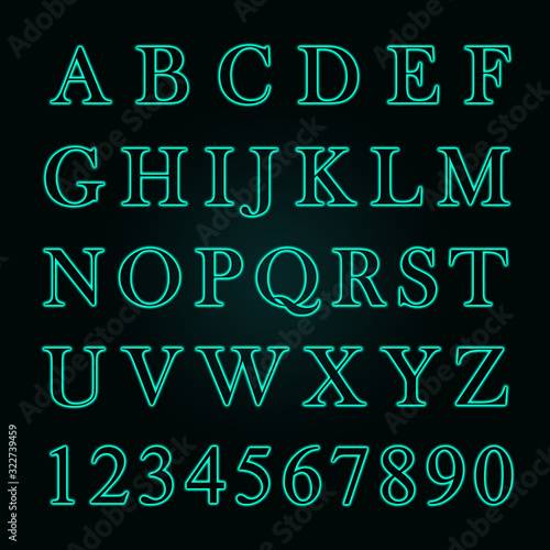 Glowing neon alphabet with letters from A to Z and numbers from 1 to 0. Trend color 2020 - aqua Menthe 