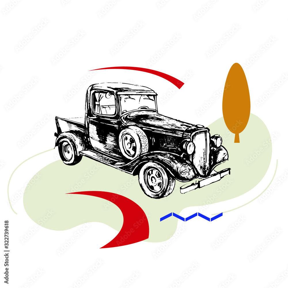  Vector illustration. Retro pickup car with abstract elements. Poster for the interior