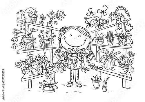 Girl in the greenhouse with her plant collection