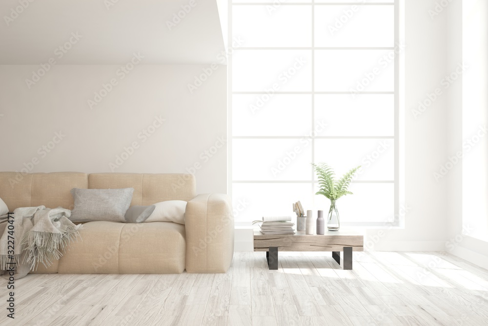 Stylish room in white color with sofa. Scandinavian interior design. 3D illustration Stylish room in white color with sofa. Scandinavian interior design. 3D illustration