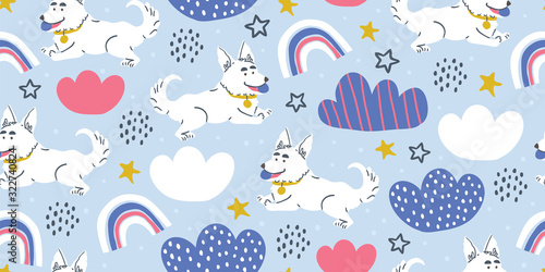 Vector seamless pattern with cute corgi dogs, ball