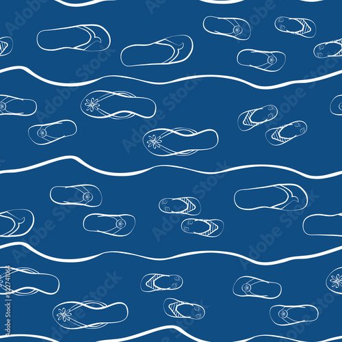 Flip flop shoe seamless vector pattern background. Hand drawn outline style with waves. White and blue colors. Family summer vacation concept.