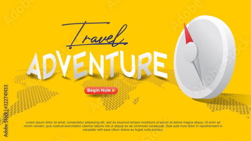 travel adventure abstract compas with dot world map yellow background and begin now call to action button minimalist modern web siand presentation Modern flat design.