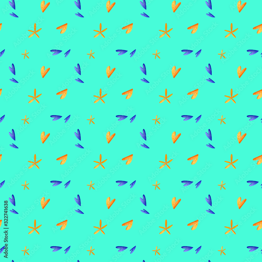 Digital bright colorful illustration of a yellow-blue hearts seamless pattern on a turquoise background. Print for banners, posters, cards, invitations, fabrics, wrapping paper, web design.