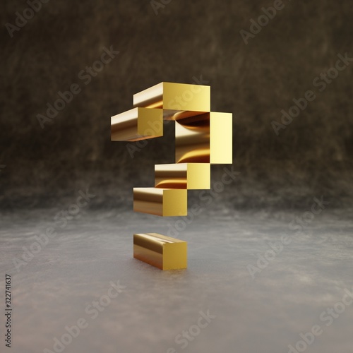 Pixel question symbol. Golden glossy character on dark leather background.
