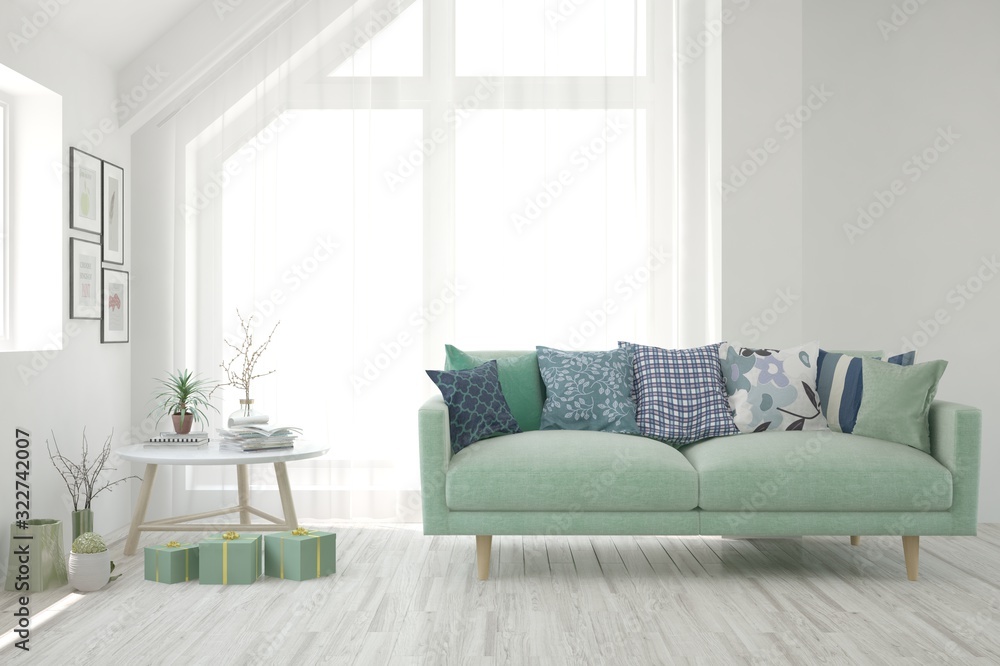 Stylish room in white color with sofa. Scandinavian interior design. 3D illustration Stylish room in white color with sofa. Scandinavian interior design. 3D illustration