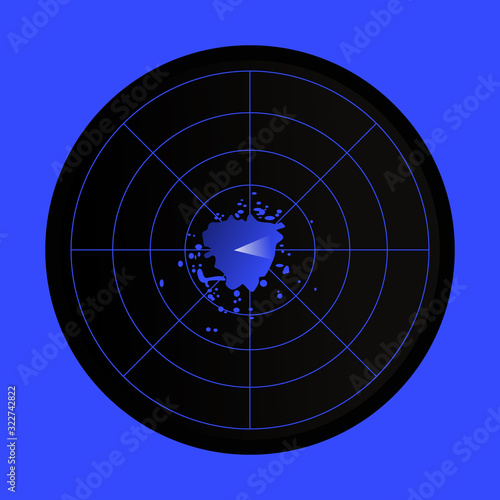 Black and blue radar icon on blue background.