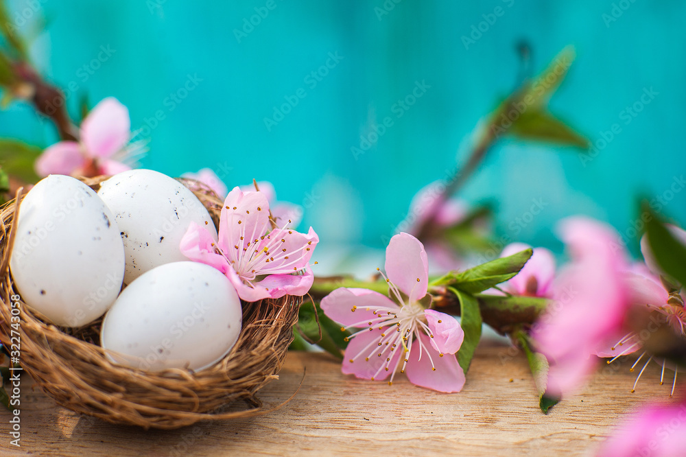 Quail eggs in a diy nest. Easter card in trendy color. Happy Easter concept with eggs and flowering branch. Spring, easter, eggs close-up and copy space.