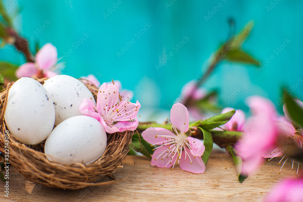 Quail eggs in a diy nest. Easter card in trendy color. Happy Easter concept with eggs and flowering branch. Spring, easter, eggs close-up and copy space. Quail eggs in a diy nest. Easter card in trendy color. Happy Easter concept with eggs and flowering branch. Spring, easter, eggs close-up and copy space.