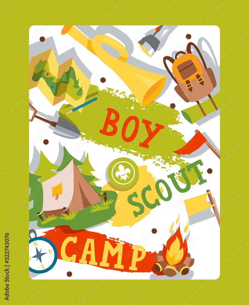Boy scout camp typography poster, vector illustration. Summer adventure for school kids, camping brochure cover, booklet template. Scout camp invitation, fun activity advertisement poster or flyer