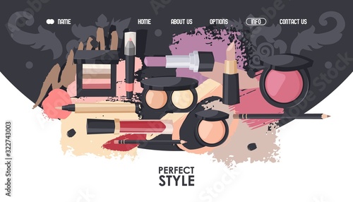 Makeup store website design, vector illustration. Landing page template for cosmetic shop, beauty salon promotion campaign. Professional makeup store, online catalog of cosmetic products collection