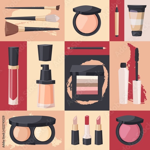 Makeup product icons in colorful collage, vector illustration. Cosmetic isolated items in flat style, set of stickers. Professional makeup store, catalog of cosmetic brand product collection for women
