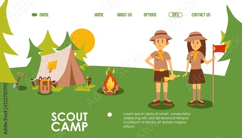 Scout camp website, vector illustration. Landing page template for summer camping, outdoor scene with tent, campfire and scout leaders. Friendly man and woman cartoon character. Fun activity in nature photo