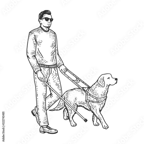 Blind man and guide dog sketch engraving vector illustration. T-shirt apparel print design. Scratch board imitation. Black and white hand drawn image.