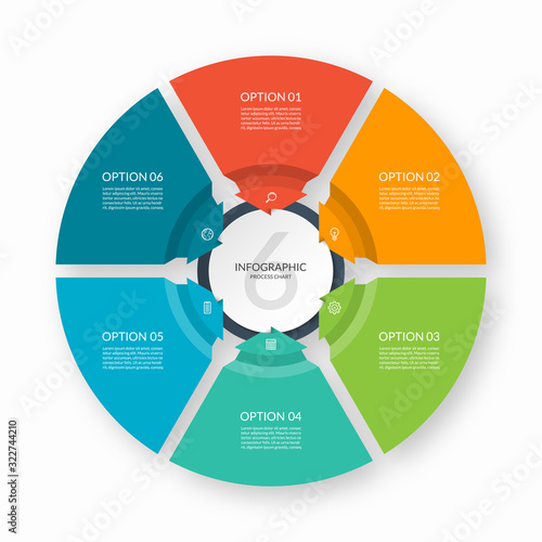 Infographic process chart. Circular design template with 6 arrows pointing to the center. Cycle diagram that can be used for report, business infographics, data visualization and presentation.