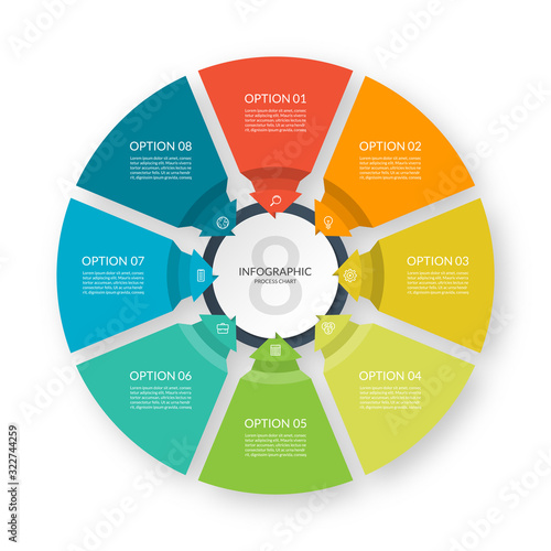 Infographic process chart. Circular design template with 8 arrows pointing to the center. Cycle diagram that can be used for report, business infographics, data visualization and presentation.