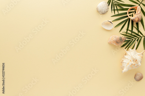 Holidays Travel. Palm leaf shell summer background with copy space for your text. Flat lay, top view.