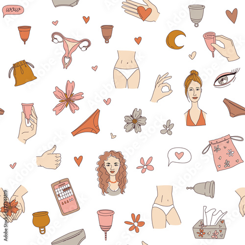 Women's menstruation periods seamless pattern background: menstrual cup