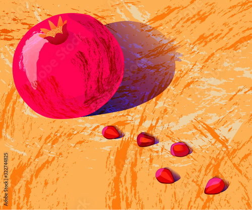 Vector illustration with pomegranate and its seeds on the sandstone background