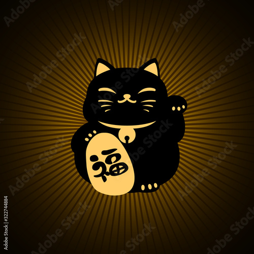 Cute fat lucky cat gold on black luxury concept. Translation Japanese word is "Fortune".