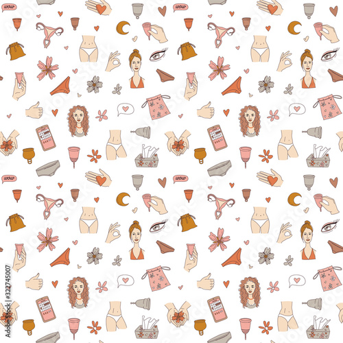 Women's menstruation periods seamless pattern background: menstrual cup