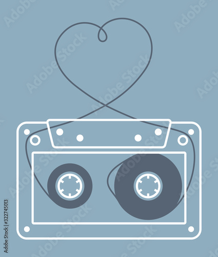 Vector stylized line old compact audio cassettes with heart shaped tape. Isolated on blue background