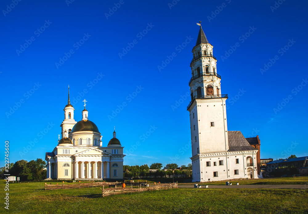 Inclined tower of Demidov and Transfiguration Cathedral. Nevyansk. Sverdlovsk region. Russia