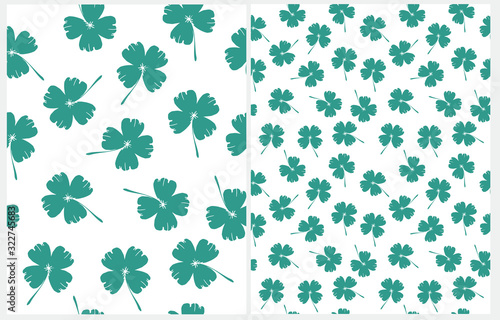 St Patrick Day Seamless Vector Patterns. Green Clover Isolated on a White Background. Simple Repeatable Design. Cute Irregular Pattern. Set of 2 Clovers Vrector Prints. Irish Symbol of Luck.