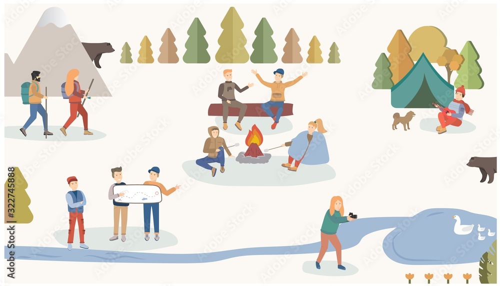 Tourists people or a tourist camp breaks up a tent, take pictures, look at the map, roast marshmallow, play the guitar for a dog. People travel and hiking. Cartoon flat vector illustration. Tourists people or a tourist camp breaks up a tent, take pictures, look at the map, roast marshmallow, play the guitar for a dog. People travel and hiking. Cartoon flat vector illustration.