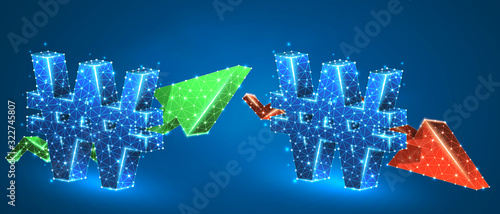 Won symbol, arrows set, green growth, and red downtrend. Low poly, wireframe 3d vector illustration. Korean currency and money flow concept. Abstract, polygonal image on blue neon background