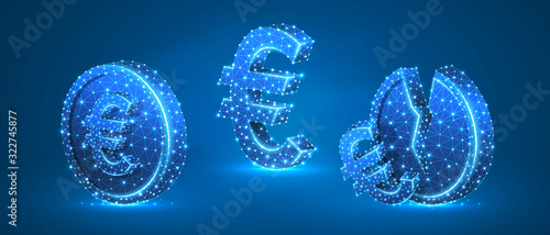 Set of Euro Coins. Money growth and downtrend concept. Blank and broken coins. Low poly, wireframe digital 3d vector illustration. Abstract, polygonal image on blue neon background