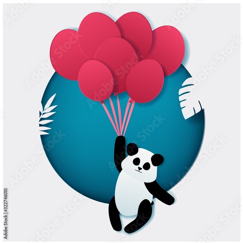 Panda flying on balloons around tropical leaves in paper cut art style vector illustration.
