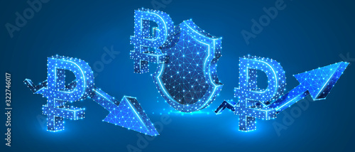 Set of Russian Ruble symbols, security shield, growth and downtrend arrows. Money tendency and protection. Low poly, wireframe 3d vector illustration. Abstract, polygonal image on blue neon background