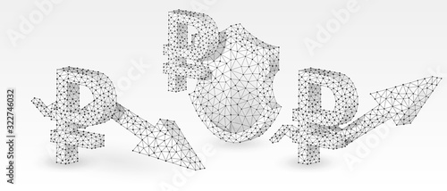 Set of Russian Ruble symbols. Money tendency, capital protection with arrows of growth and downtrend. Low poly, wireframe 3d vector illustration. Abstract, polygonal image on white origami background
