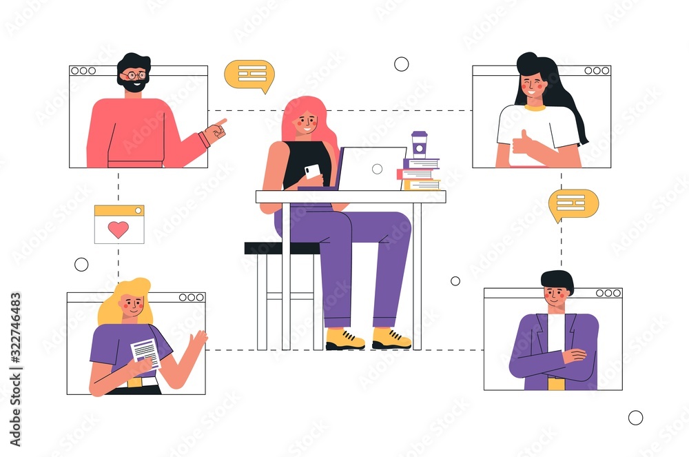 Modern communication vector trendy illustration video call concept. Young man and women using video calling and messaging talking internet app on laptop or smartphone. Flat cartoon style.
