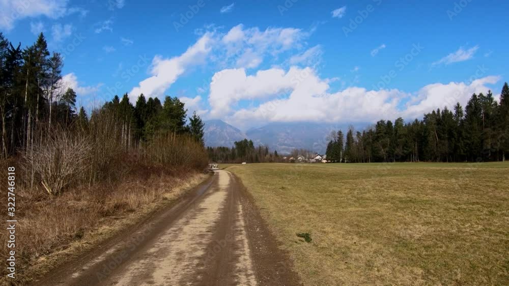 Forward dolly moving countryside road farming grass field with forest in background on sunny winter day without snow Forward dolly moving countryside road farming grass field with forest in background on sunny winter day without snow
