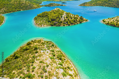 Croatia, beautiful Adriatic sea, small islands archipelago in nature park Telascica on the island of Dugi Otok, aerial seascape