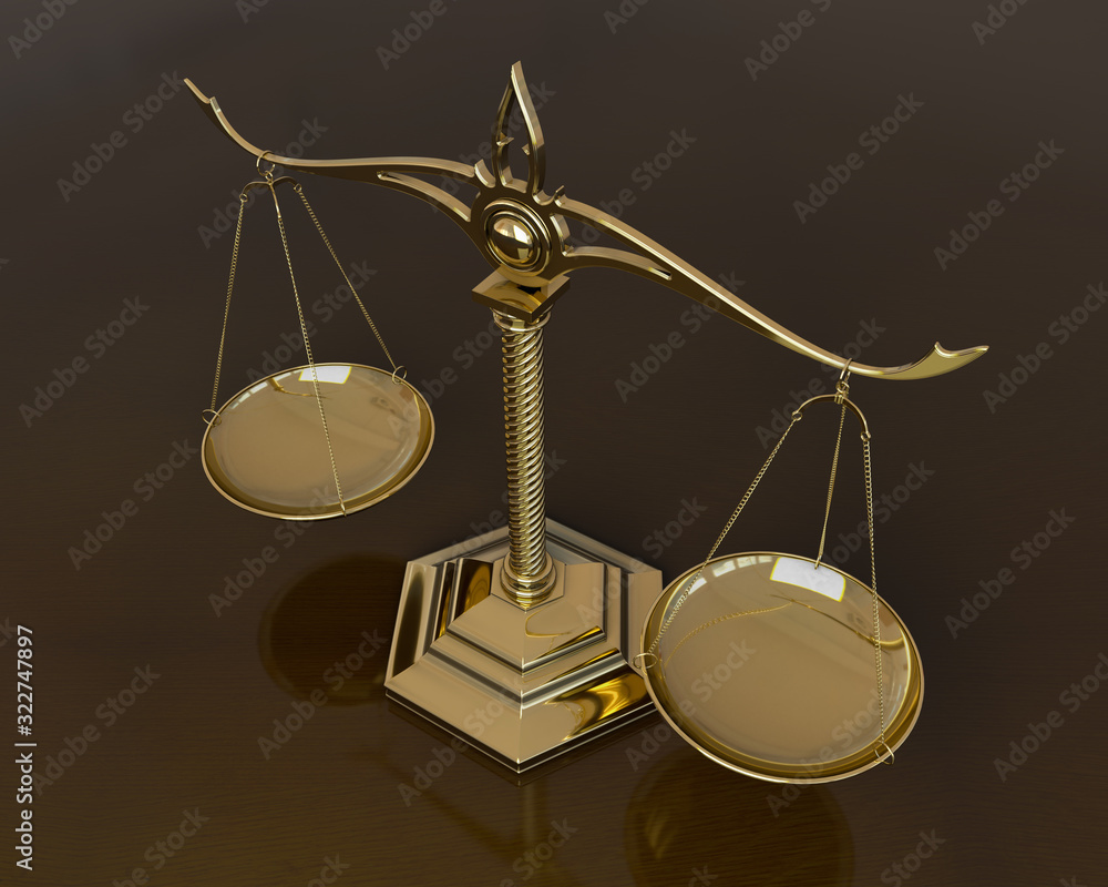 Gold scales of justice. 3D render illustration Stock Illustration